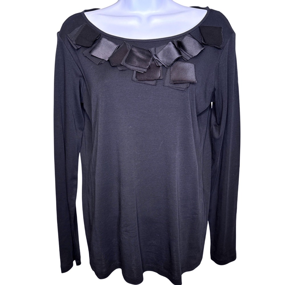Lis Lareida Womens Black Satin Ribbon Applique Long Sleeve Top Sz S